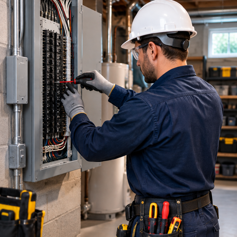 Electrician working on a circuit breaker panel, highlighting expertise in basement wiring and recessed lighting installation.