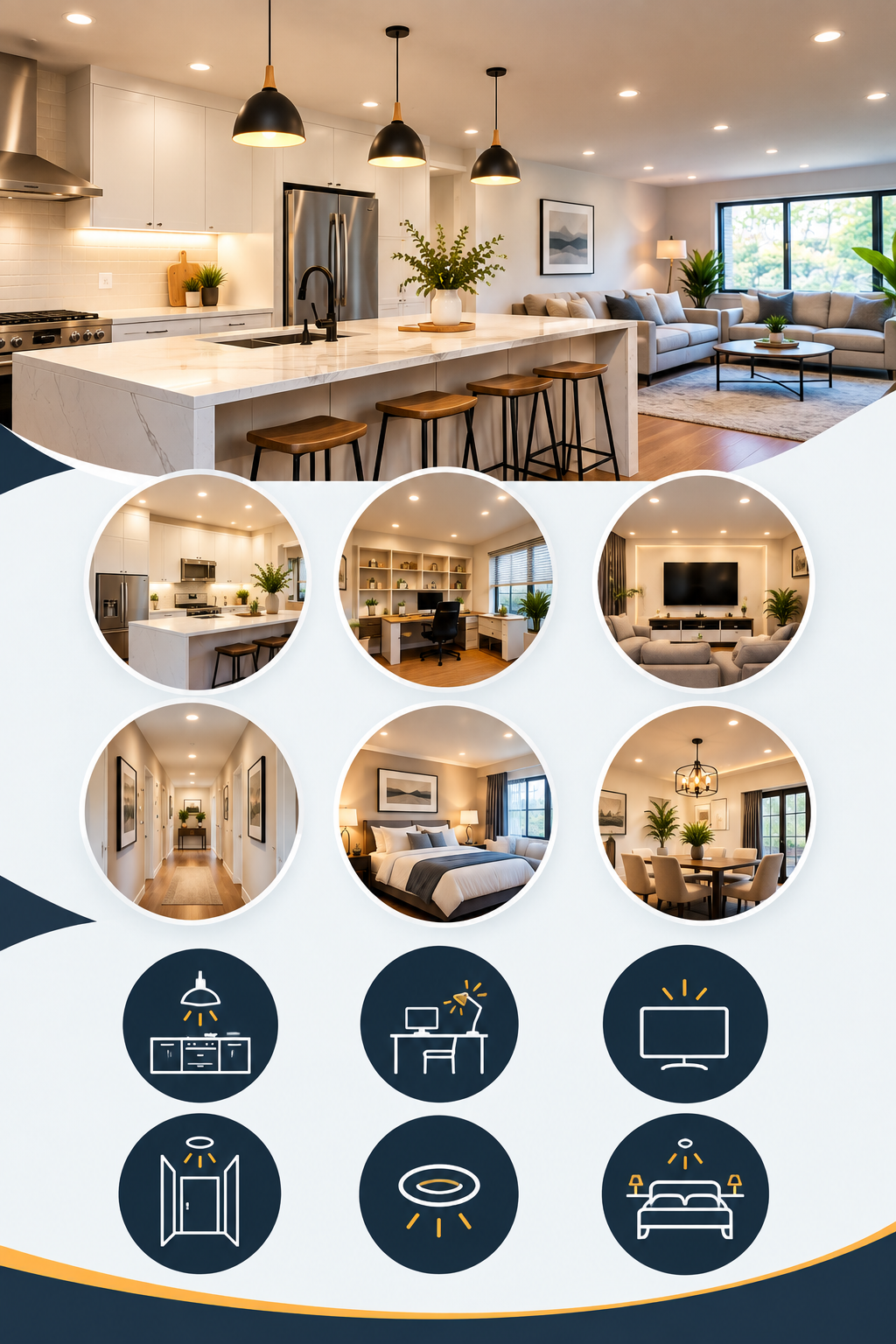 Showcasing various rooms with recessed lighting, highlighting stylish installations for modern homes in Kent County.
