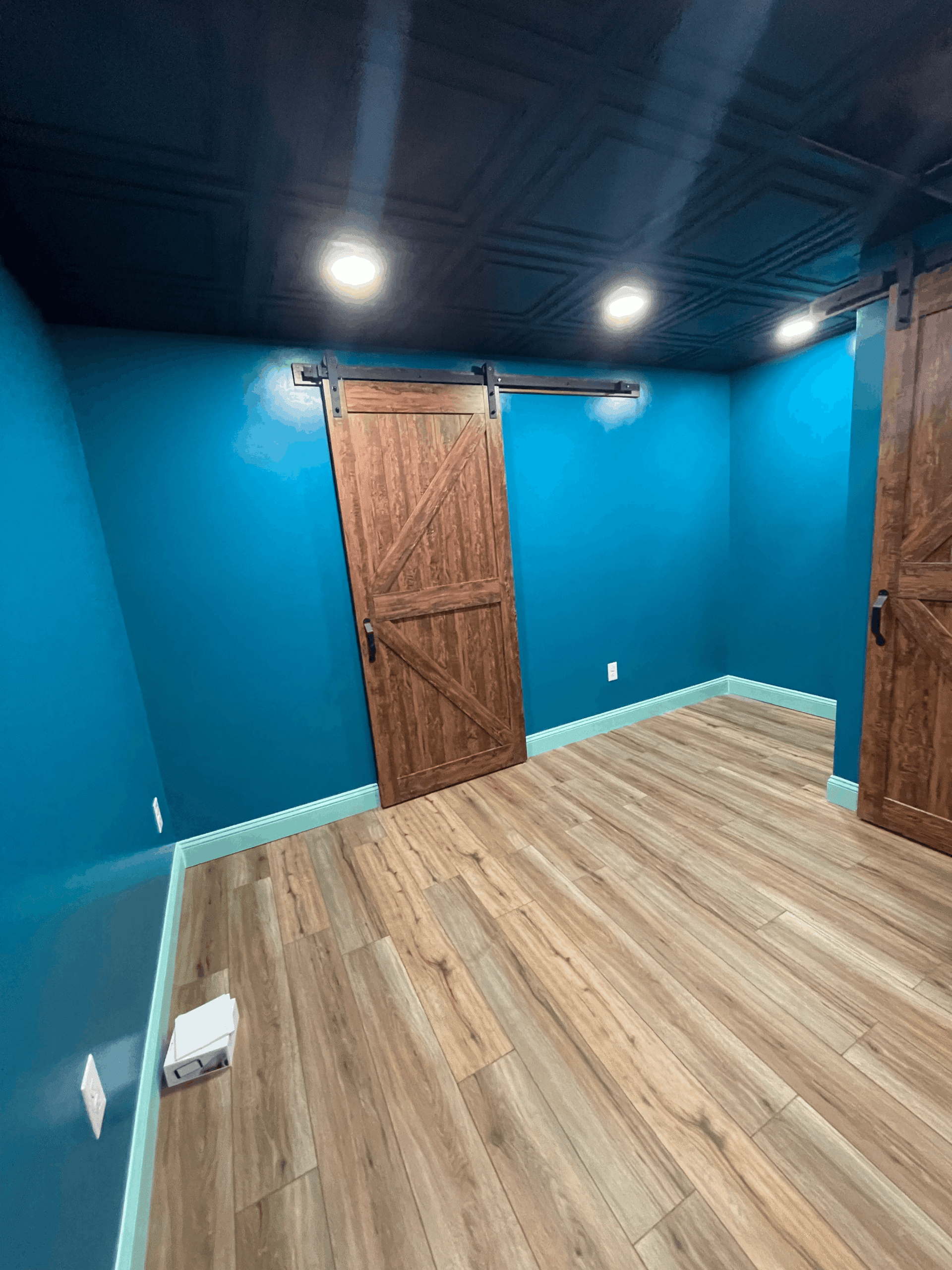 Bright recessed lighting illuminates a stylish room with teal walls and wooden sliding doors, showcasing recessed lighting installation.